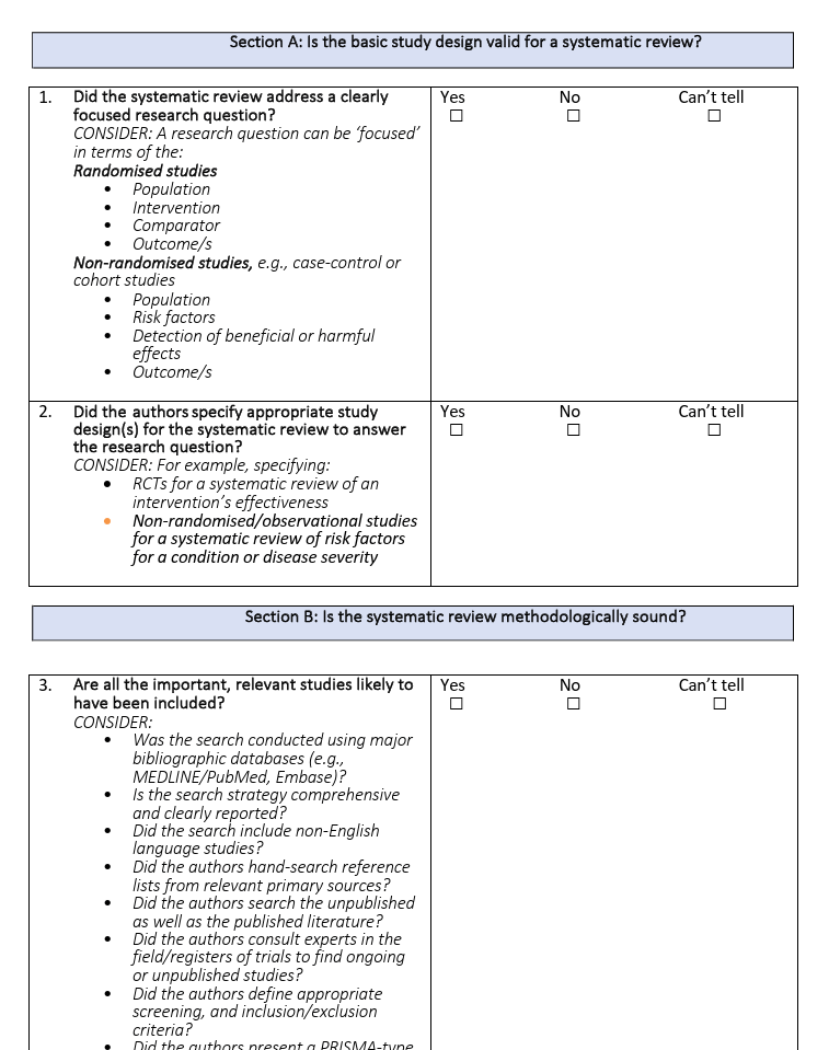 Screenshot of CASP systematic literature review checklist